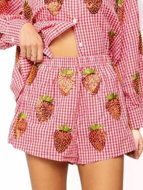 QUEEN OF SPARKLES Red Gingham Strawberry Embellished Shorts